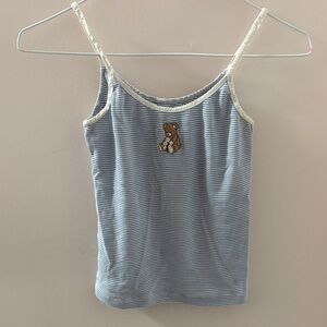 Brandy Melville Blue and White Striped Camisole with Bear Embroidery